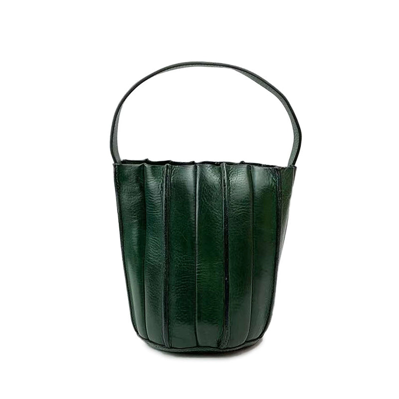 Vegetable Tanned Leather Bucket Bag for Women Vertical Panel Crossbody Shoulder Bag