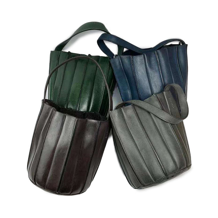 Vegetable Tanned Leather Bucket Bag for Women Vertical Panel Crossbody Shoulder Bag