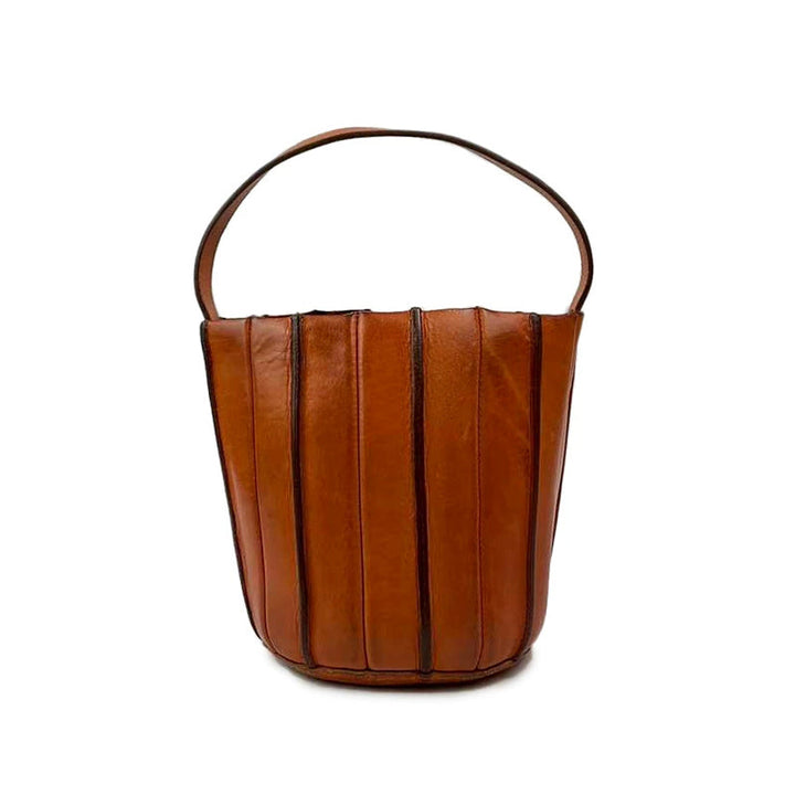 Vegetable Tanned Leather Bucket Bag for Women Vertical Panel Crossbody Shoulder Bag
