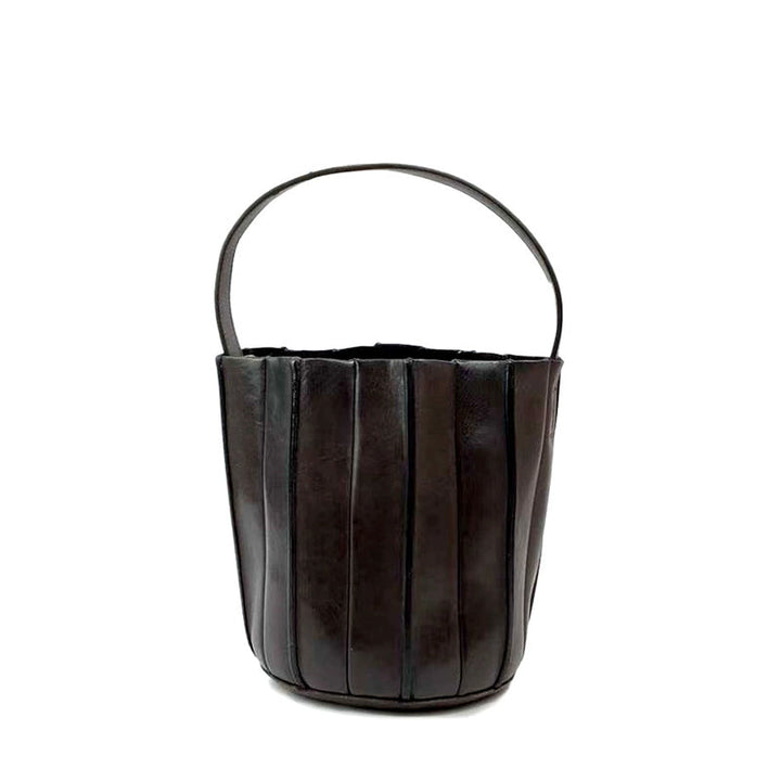 Vegetable Tanned Leather Bucket Bag for Women Vertical Panel Crossbody Shoulder Bag