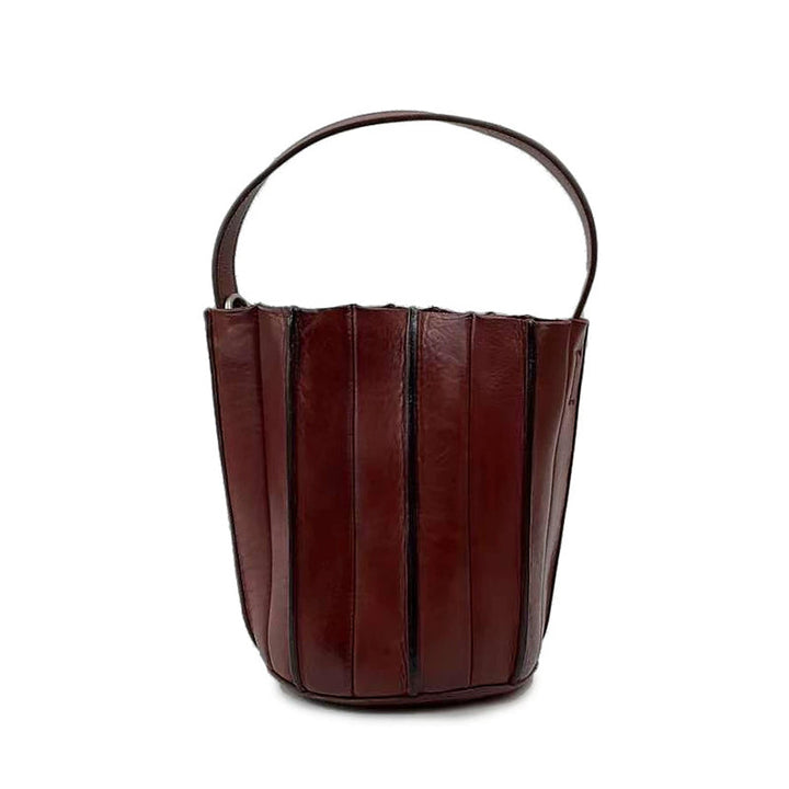 Vegetable Tanned Leather Bucket Bag for Women Vertical Panel Crossbody Shoulder Bag