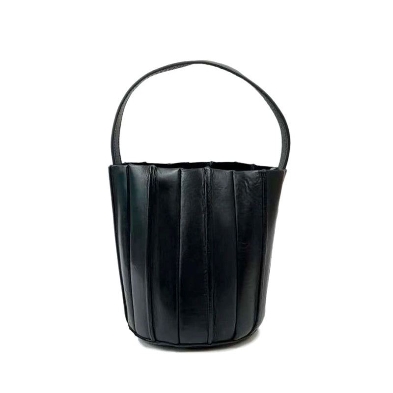 Vegetable Tanned Leather Bucket Bag for Women Vertical Panel Crossbody Shoulder Bag