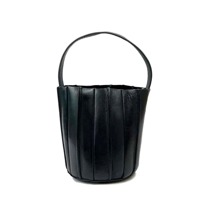 Vegetable Tanned Leather Bucket Bag for Women Vertical Panel Crossbody Shoulder Bag