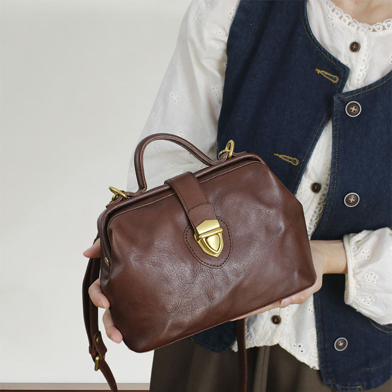 Bolso de médico hecho a mano, de piel italiana, con asa superior, de piel de vaca para mujer