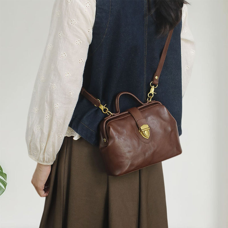 Bolso de médico hecho a mano, de piel italiana, con asa superior, de piel de vaca para mujer