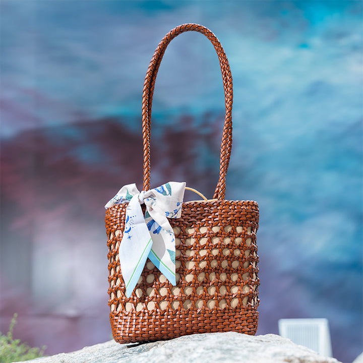 Woven Leather Bucket Bag for Women Handmade Cowhide Drawstring Shoulder Bag