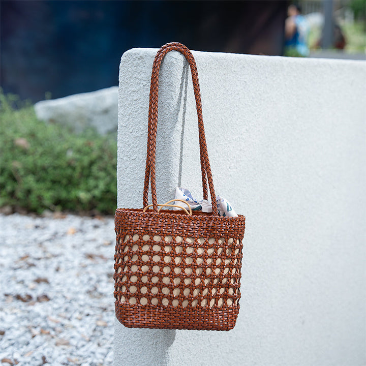 Woven Leather Bucket Bag for Women Handmade Cowhide Drawstring Shoulder Bag
