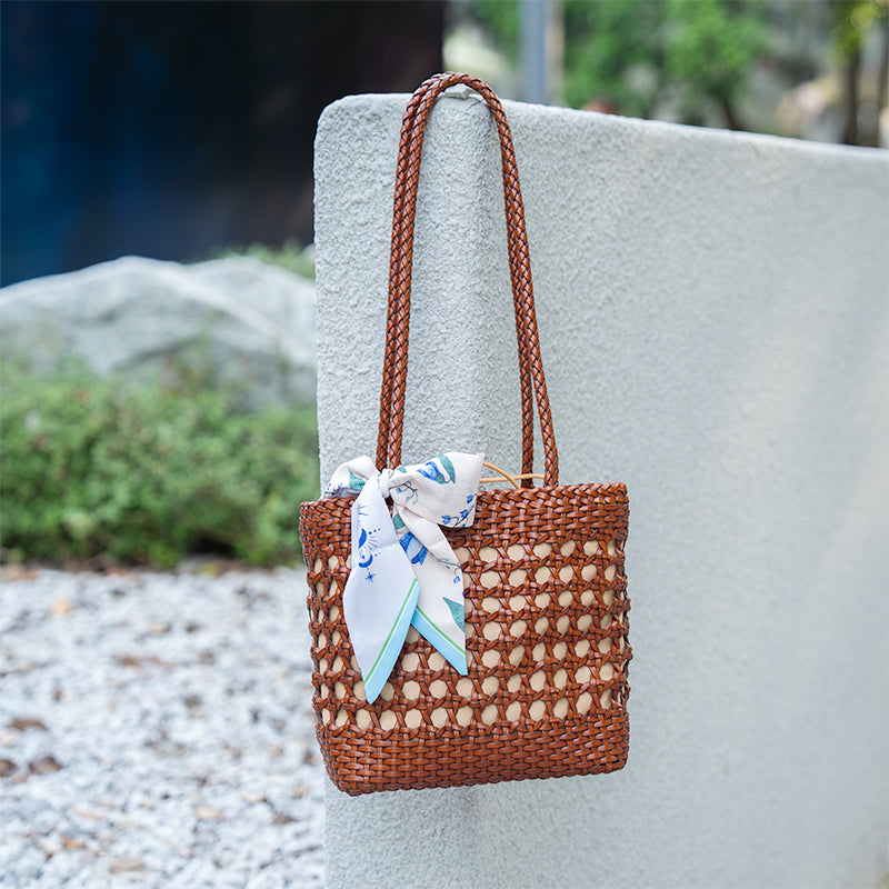 Woven Leather Bucket Bag for Women Handmade Cowhide Drawstring Shoulder Bag