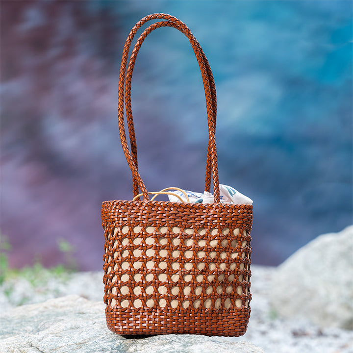 Woven Leather Bucket Bag for Women Handmade Cowhide Drawstring Shoulder Bag