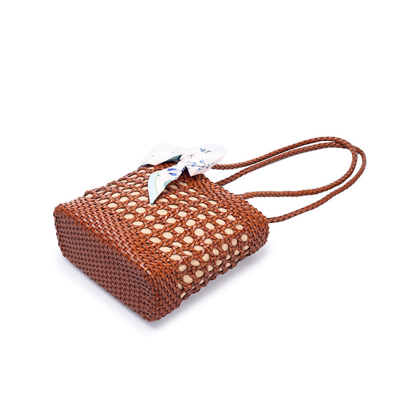 Woven Leather Bucket Bag for Women Handmade Cowhide Drawstring Shoulder Bag