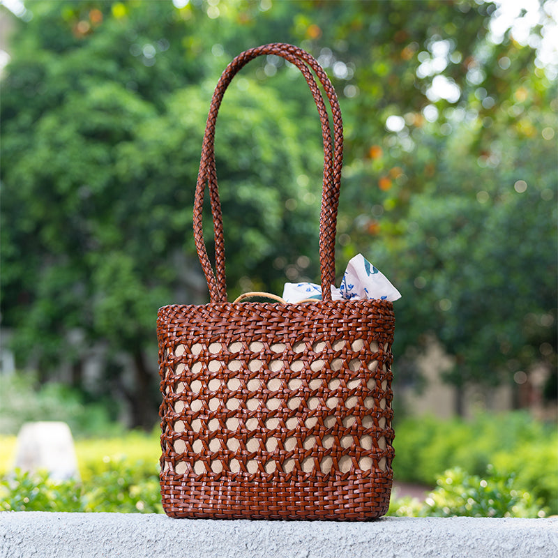 Woven Leather Bucket Bag for Women Handmade Cowhide Drawstring Shoulder Bag