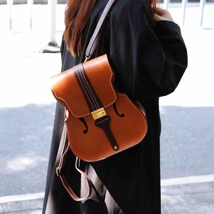 Violin Shaped Leather Backpack for Women Vegetable Tanned Convertible Crossbody Bag