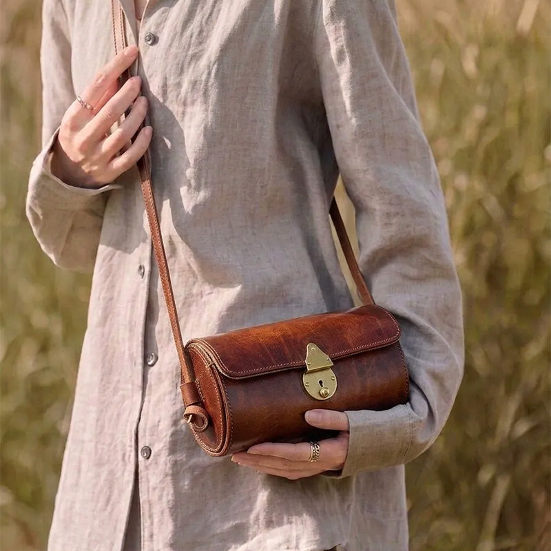Vintage Small Vegetable Tanned Leather Barrel Bag with Brass Latch