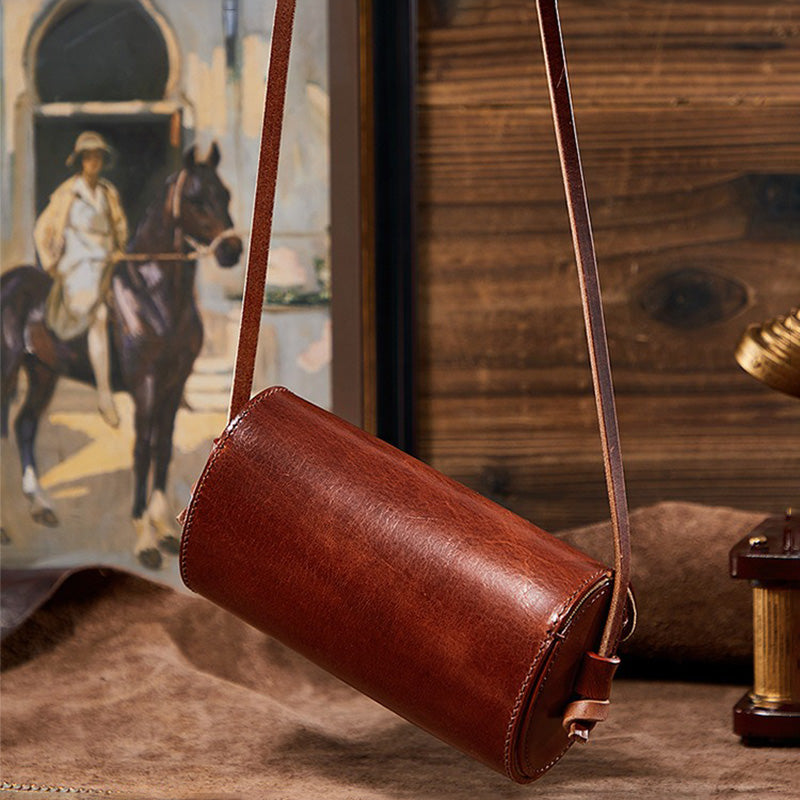 Vintage Small Vegetable Tanned Leather Barrel Bag with Brass Latch