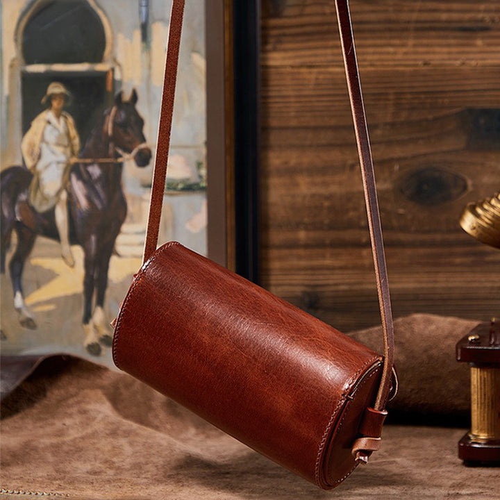 Vintage Small Vegetable Tanned Leather Barrel Bag with Brass Latch