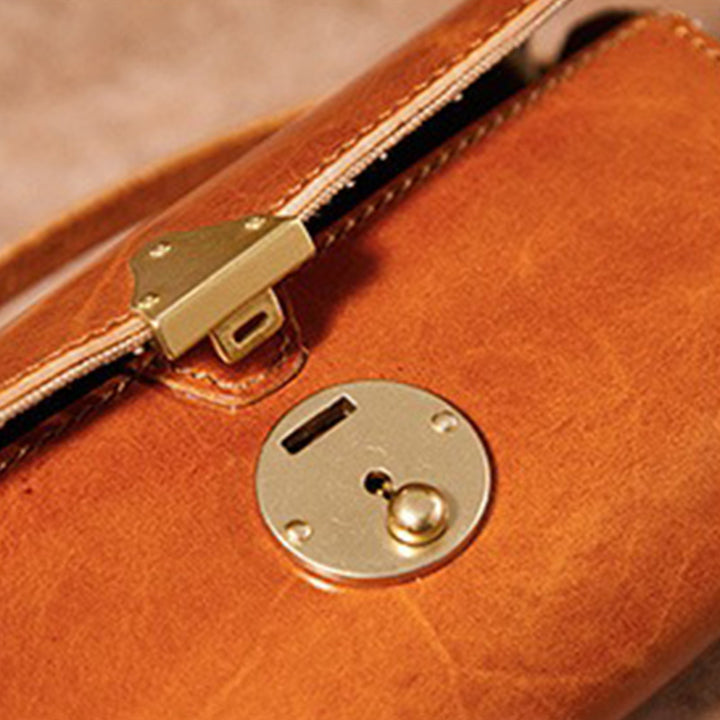 Vintage Small Vegetable Tanned Leather Barrel Bag with Brass Latch