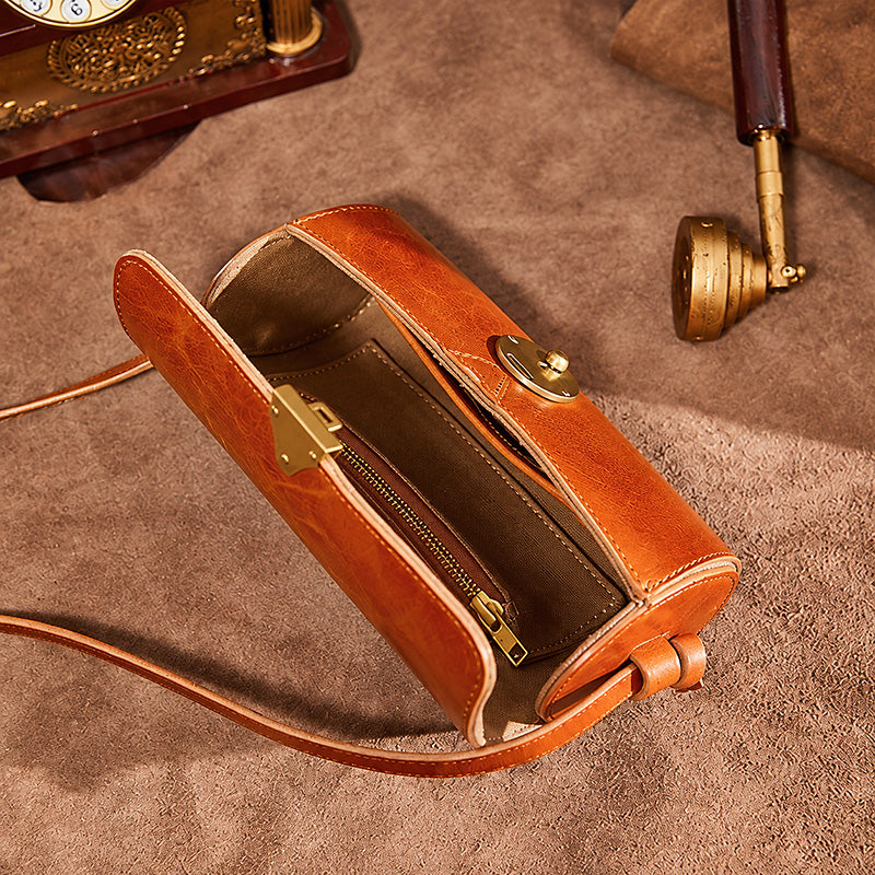 Vintage Small Vegetable Tanned Leather Barrel Bag with Brass Latch