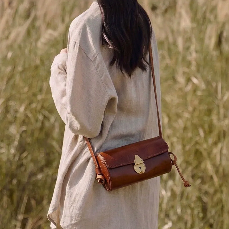 Vintage Small Vegetable Tanned Leather Barrel Bag with Brass Latch