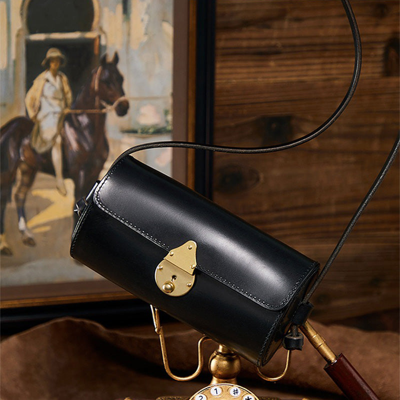 Vintage Small Vegetable Tanned Leather Barrel Bag with Brass Latch