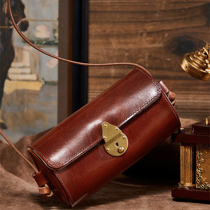 Vintage Small Vegetable Tanned Leather Barrel Bag with Brass Latch