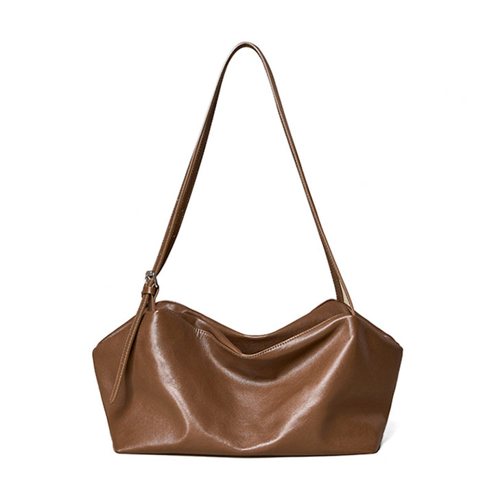 Full-grain vegetable tanned cowhide leather slouchy hobo bag in brown with minimalist no-hardware design