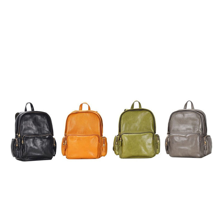 Genuine leather backpack for women in four colors: black, orange, avocado green and grey