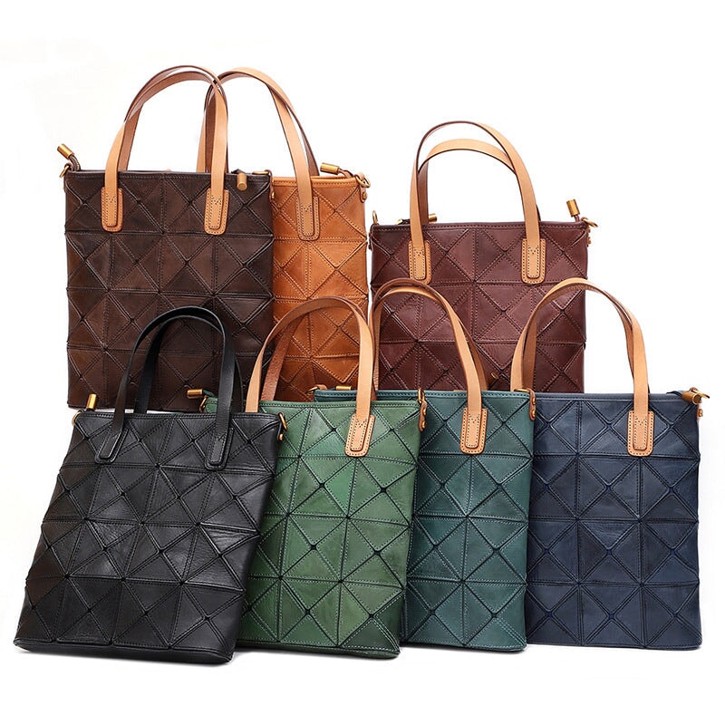 Geometric patchwork leather tote bags in six colors with contrast vegetable tanned handles