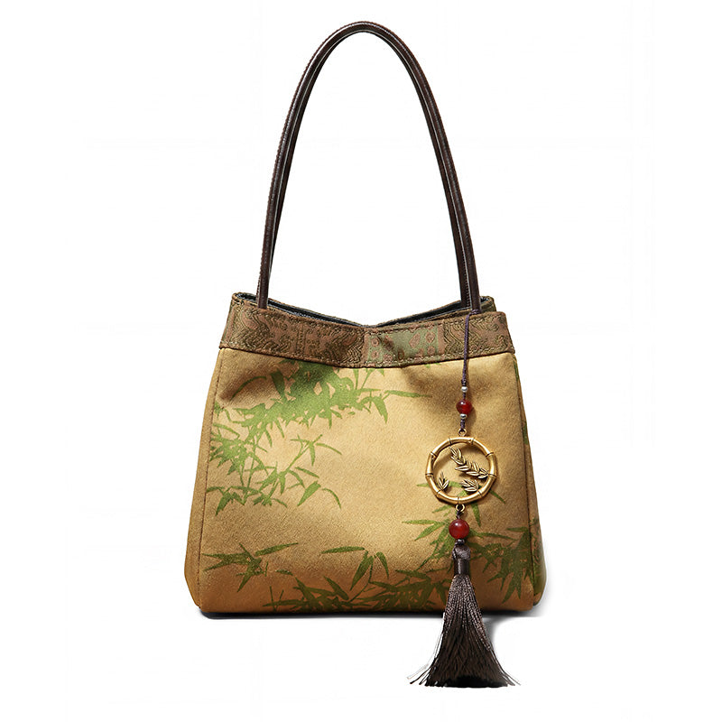 Gold Mulberry Silk Mini Handbag with Bamboo Pattern and Tassel