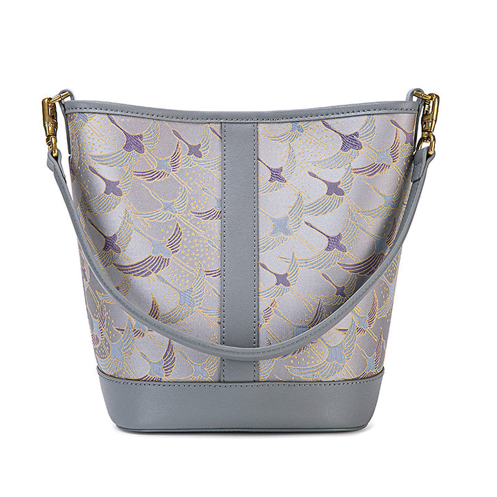 Gray Blue Song Brocade Bucket Bag with Thousand Crane Pattern