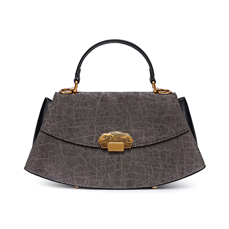 Gray Mulberry Silk Handbag with Crackle Texture Motif