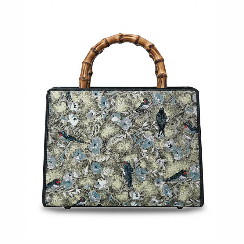 Gray Song Brocade Silk Handbag with Bamboo Handle and Chinese Pattern