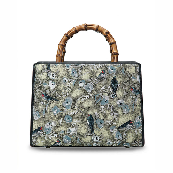 Gray Song Brocade Silk Handbag with Bamboo Handle and Chinese Pattern