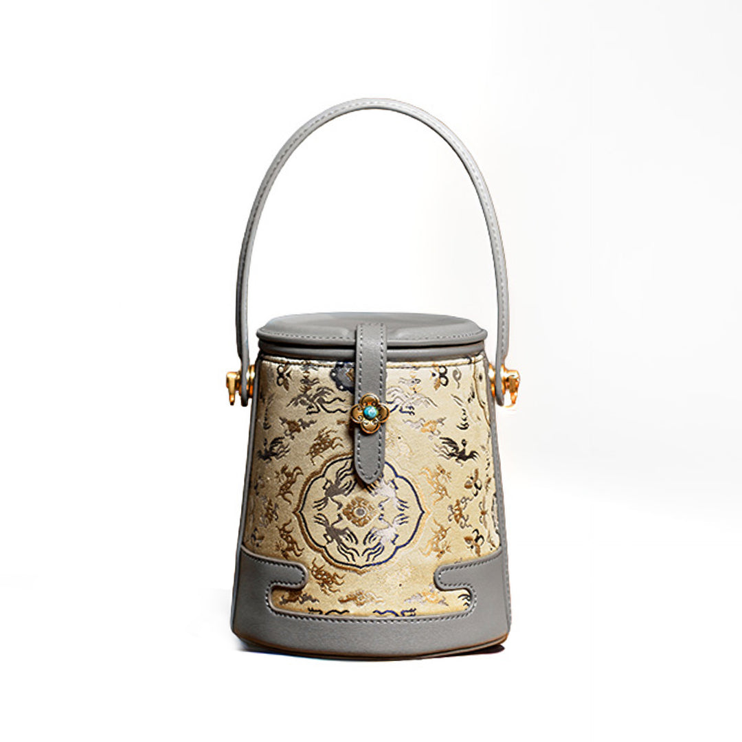 Gray Mulberry Silk Bucket Bag with Crane and Deer in Spring Pattern