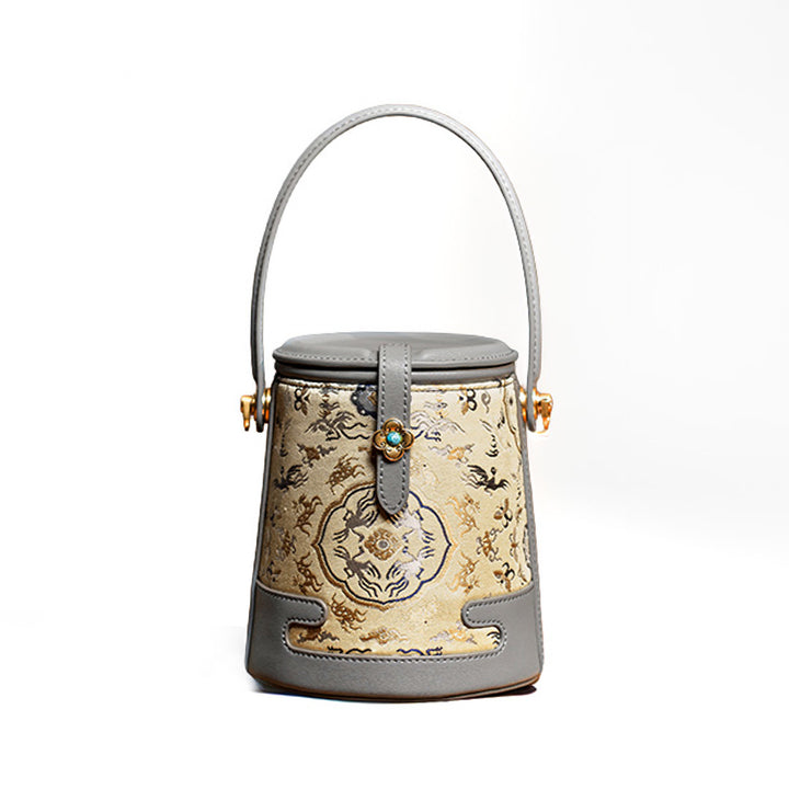 Gray Mulberry Silk Bucket Bag with Crane and Deer in Spring Pattern