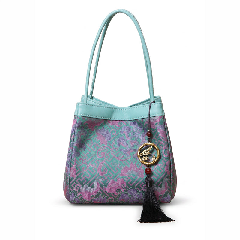 Green and Purple Silk Brocade Handbag with Traditional Patterns