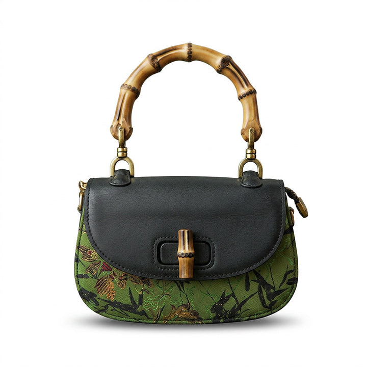 Green Silk Saddle Bag with Bamboo Joint Handle and Clasp