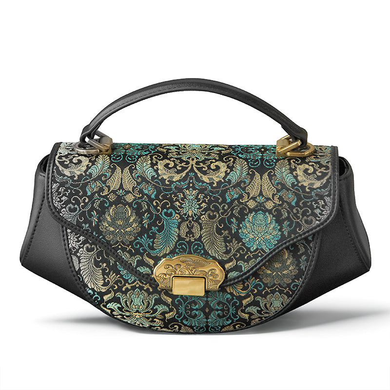 Green Song Brocade Mini Underarm Bag with Gold Scrolling Floral Motifs