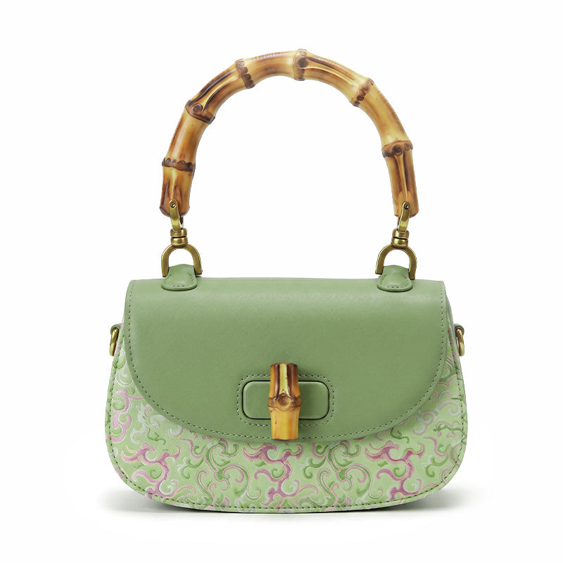 Green Leather Saddle Bag with Mulberry Silk Dragon Motif and Bamboo Handle