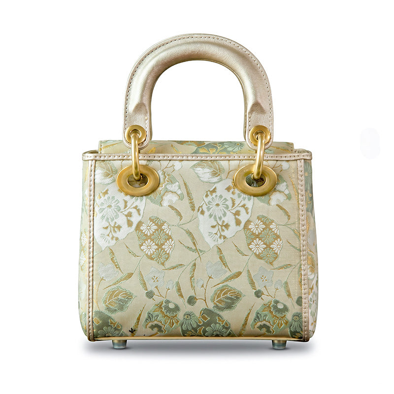 Green Mulberry Silk Top Handle Bag with Song Brocade Jacquard Pattern