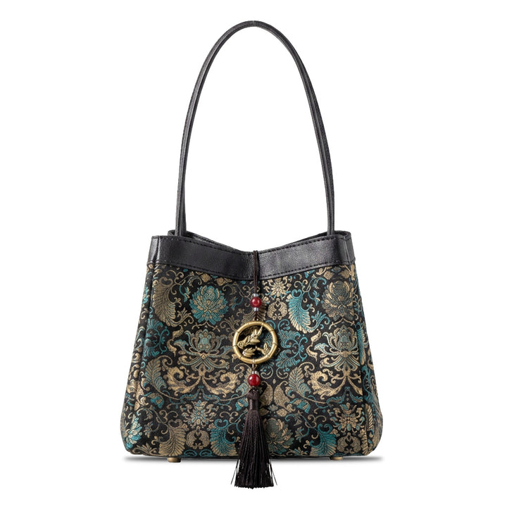 Green Song Brocade Silk Handbag with Floral and Vine Motifs
