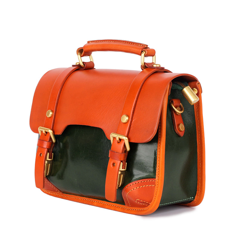 Color-Block Cambridge Bag Classic Full-Grain Leather Handbag in Yellow/Green/Brown