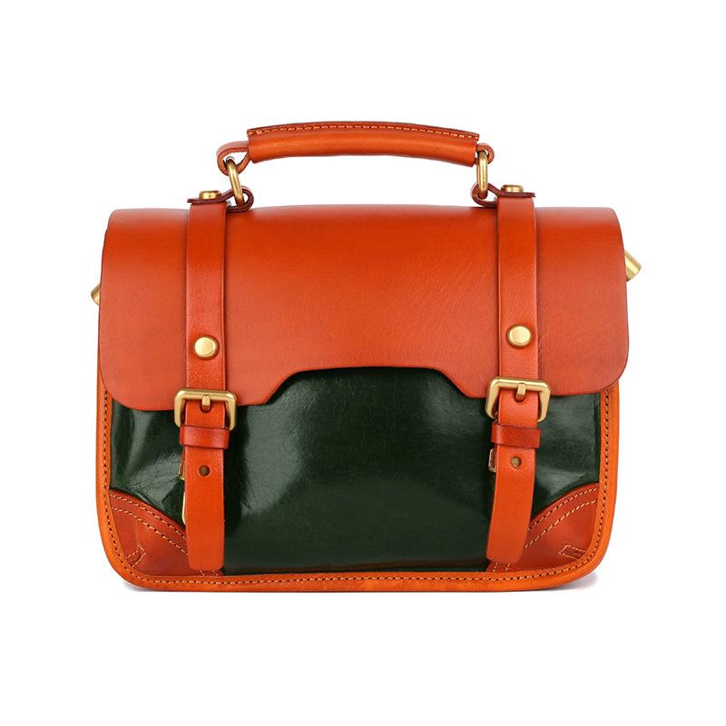 Color-Block Cambridge Bag Classic Full-Grain Leather Handbag in Yellow/Green/Brown