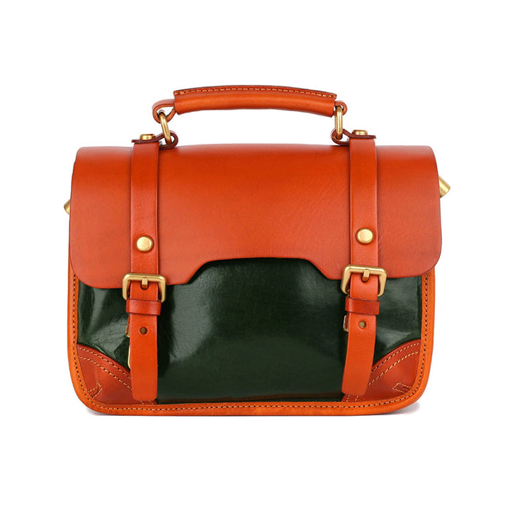 Color-Block Cambridge Bag Classic Full-Grain Leather Handbag in Yellow/Green/Brown