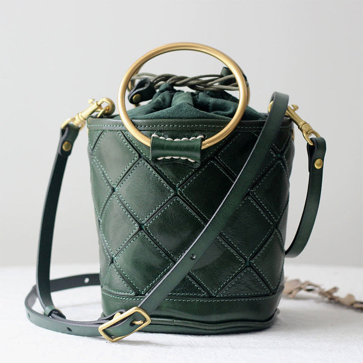 Quilted Leather Bucket Bag - Metal Ring Handle Drawstring Crossbody Vintage