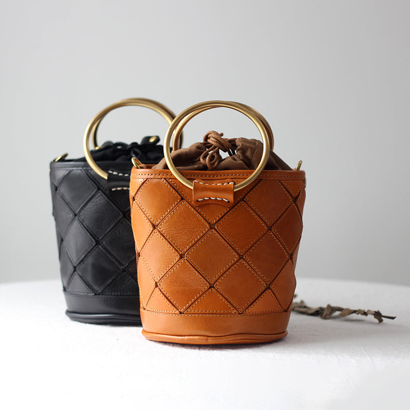 Quilted Leather Bucket Bag - Metal Ring Handle Drawstring Crossbody Vintage