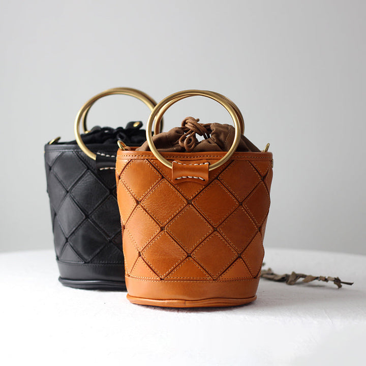 Quilted Leather Bucket Bag - Metal Ring Handle Drawstring Crossbody Vintage
