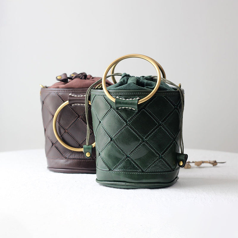 Quilted Leather Bucket Bag - Metal Ring Handle Drawstring Crossbody Vintage