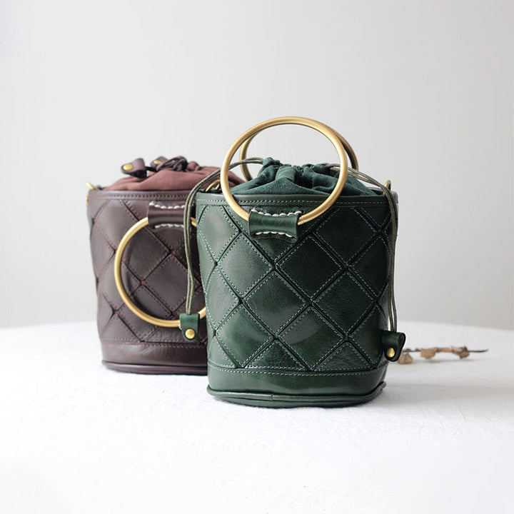Quilted Leather Bucket Bag - Metal Ring Handle Drawstring Crossbody Vintage