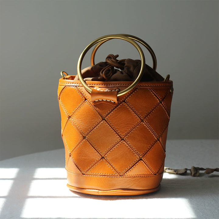 Quilted Leather Bucket Bag - Metal Ring Handle Drawstring Crossbody Vintage
