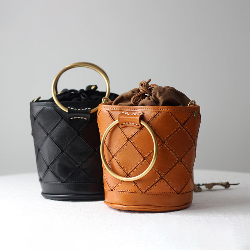 Quilted Leather Bucket Bag - Metal Ring Handle Drawstring Crossbody Vintage